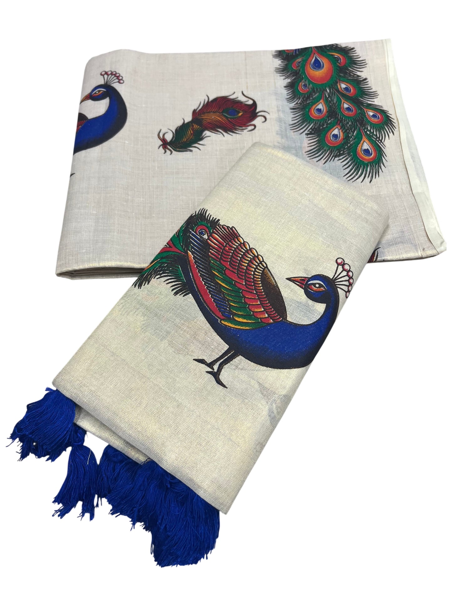 Southloom Tissue Single Set Mundu (Mundu Neriyathum) With Peacock Digital Print With Tussles in Blue 2.80 Mtrs )