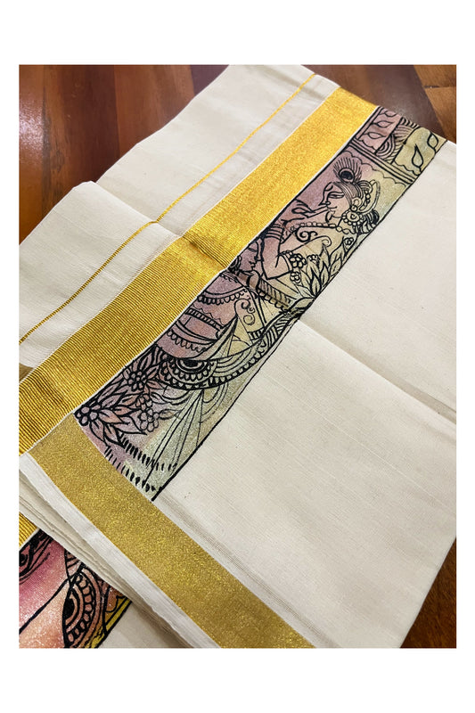 Pure Cotton Kerala Double Mundu with Hand Painted Designs on Kasavu Border (Vishu Collection 2024)