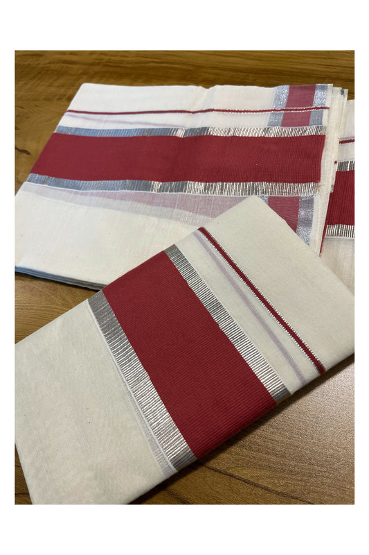 Kerala Cotton Mundum Neriyathum Single (Set Mundu) with Brick Red and Silver Kasavu Border 2.80 Mtrs