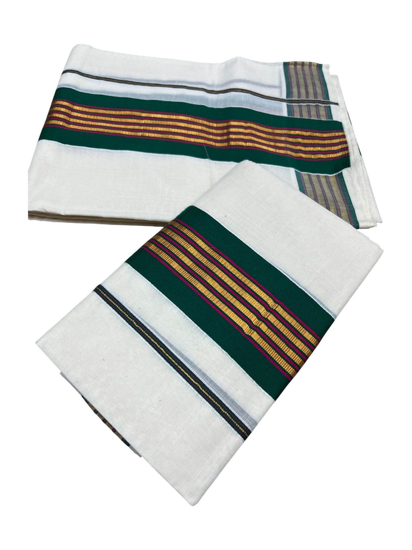 Kerala Cotton Kasavu Single Set Mundu (Mundum Neriyathum) with Pink and Gold Lines Green Border
