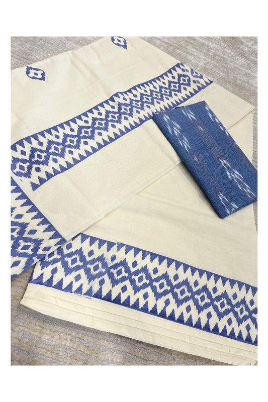 Southloom Ikat Design Blue Printed Saree with Blouse Piece