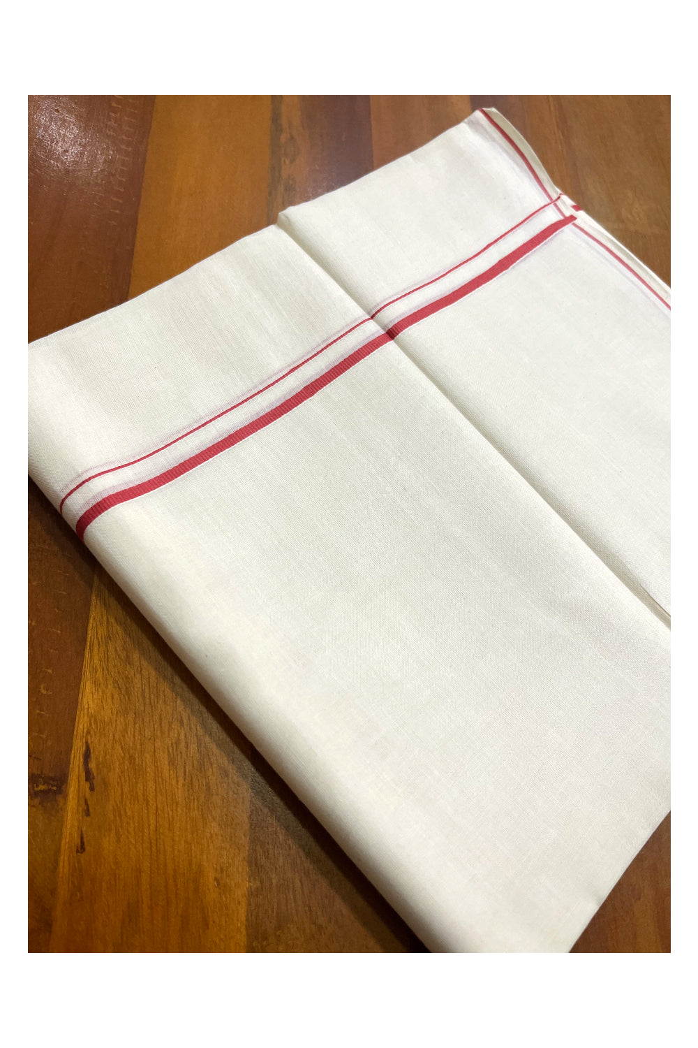 Off White Kerala Cotton Double Mundu with Pink Thin Kara (South Indian Kerala Dhoti)