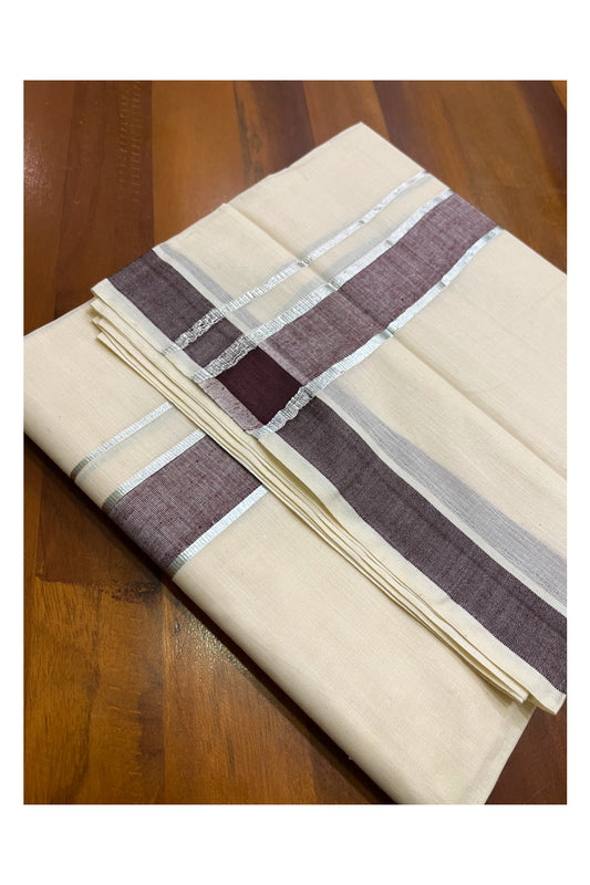 Kerala Pure Cotton Double Mundu with Brown and Silver Kasavu Border (South Indian Kerala Dhoti)