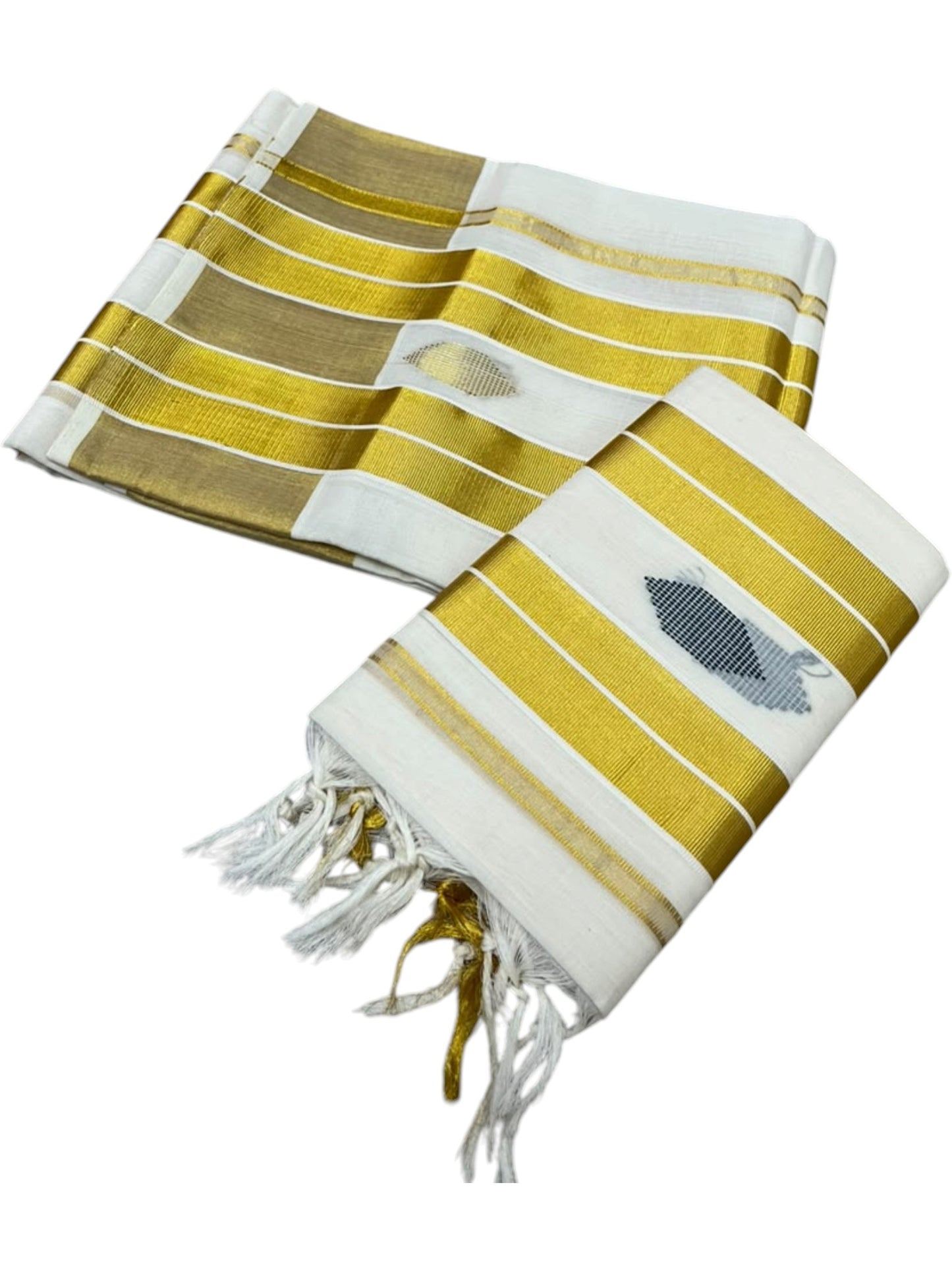 Southloom Premium Cotton Handloom Set Mundu with Kasavu With Green And Golden Border (2.80 Mtr)