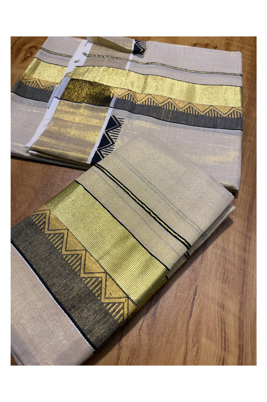 Kerala Tissue Single Set Mundu (Mundum Neriyathum) with Black and Kasavu Printed Border 2.80Mtr