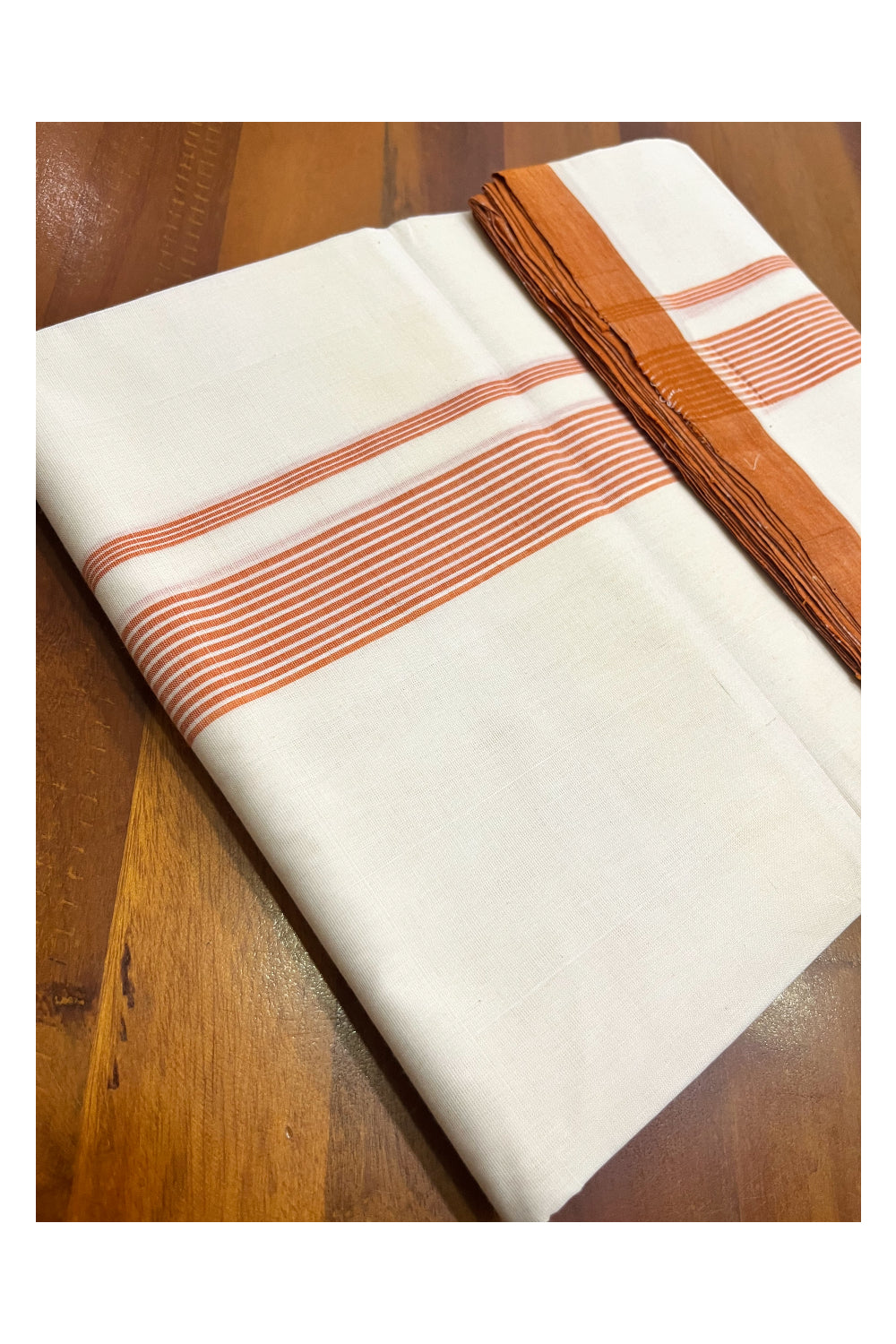 Premium Balaramapuram Handloom Unakkupaavu Cotton Double Mundu with Orange Line Border (Vishu 2024 Collection)