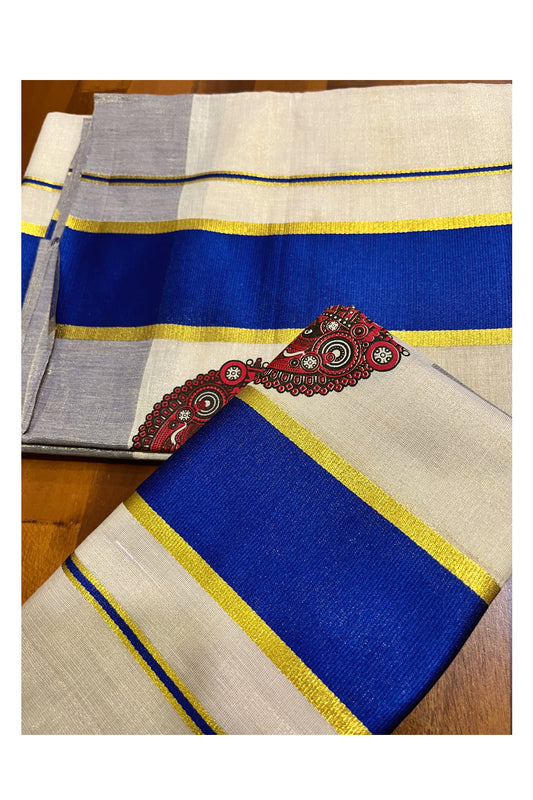 Kerala Tissue Single Set Mundu (Mundum Neriyathum) with Theyyam Block Prints and Blue Border