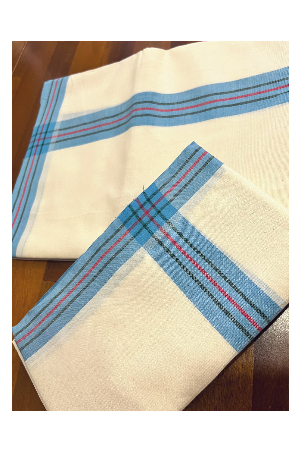 Kerala Cotton Mulloth Mundum Neriyathum Single (Set Mundu) with Blue Green Maroon Border (Extra Soft Cotton) 2.80 Mtrs