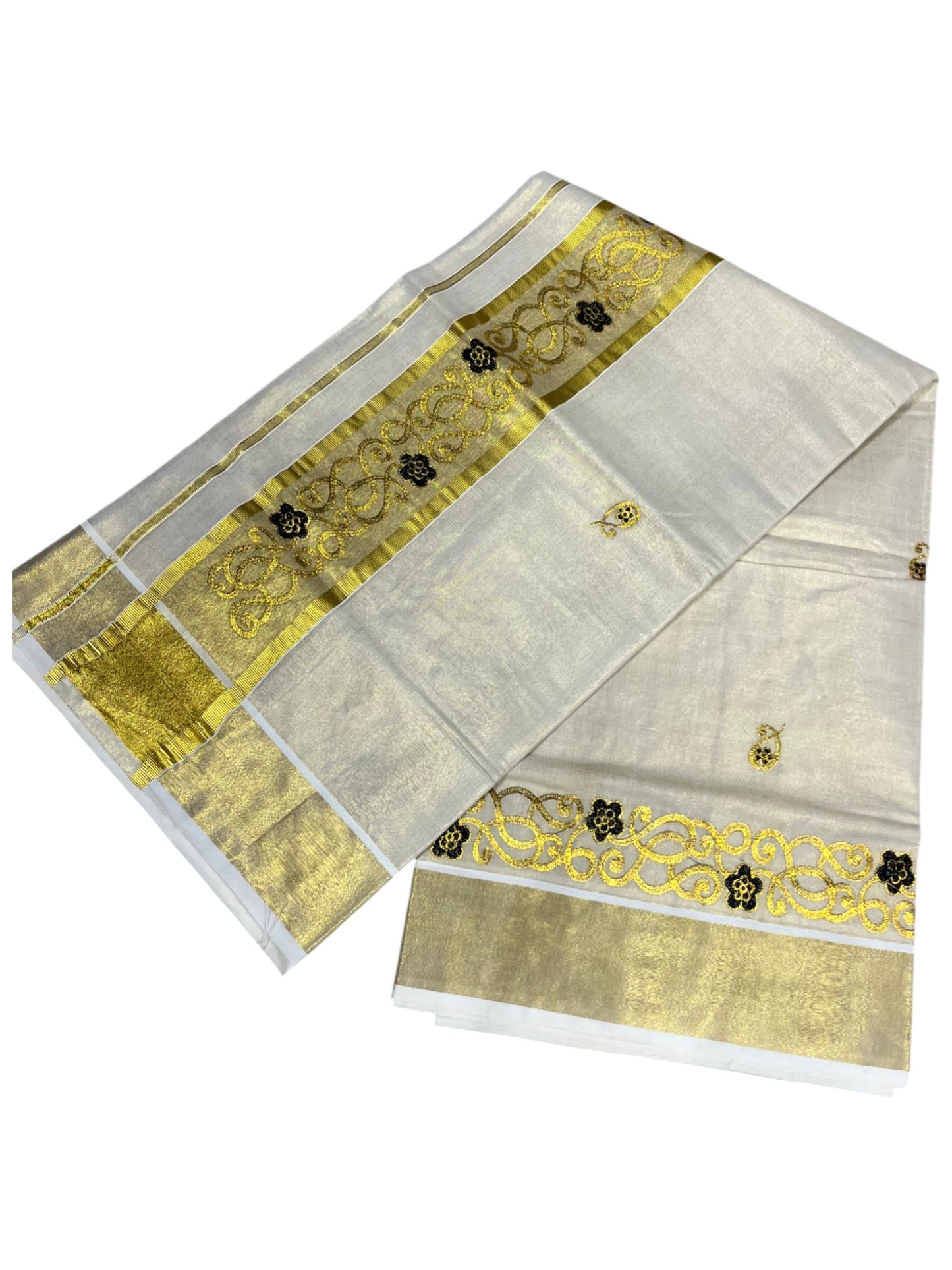 Southloom Kerala Tissue Kasavu Saree with Golden and Black  Embroidery Work on Body