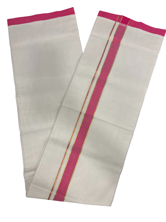 Southloom Premium Handloom Cotton Double Mundu with Pink And Kasavu Border
