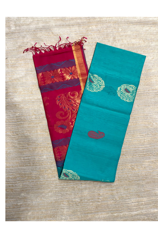Southloom Pure Handloom Cotton Silk Saree With Handwoven Work Across Body and Blouse in Green And Pink