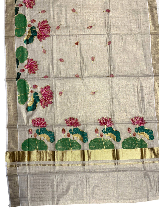 Southloom Tissue Kerala Kasavu Saree with Check Hand Painted Embroidery Lotus Design