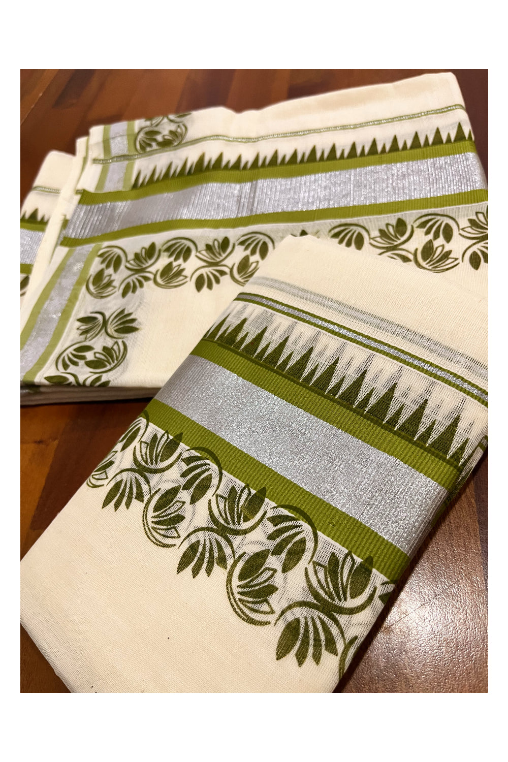 Kerala Pure Cotton Set Mundu Single (Mundum Neriyathum) with Olive Green Floral Temple Block Prints on Silver Kasavu Border