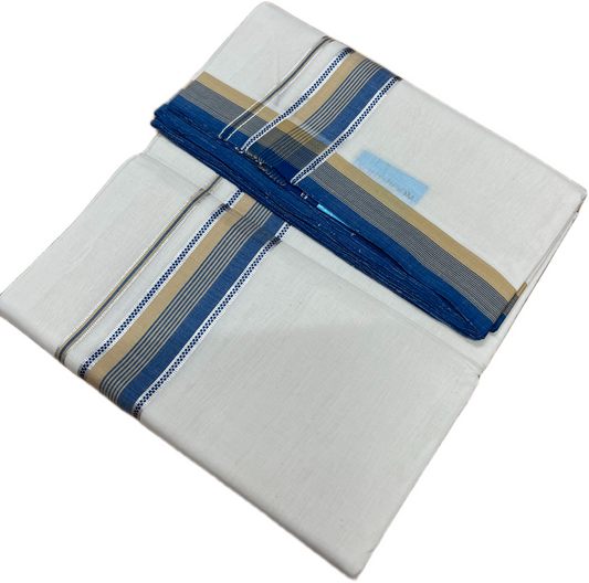 Southloom Balaramapuram Unakkupaavu Premium Handloom Cotton Double Mundu with Silver Kasavu and Blue and Beige Border