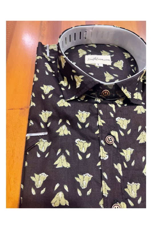 Southloom Jaipur Cotton Deep Brown Hand Block Printed Shirt (Half Sleeves)