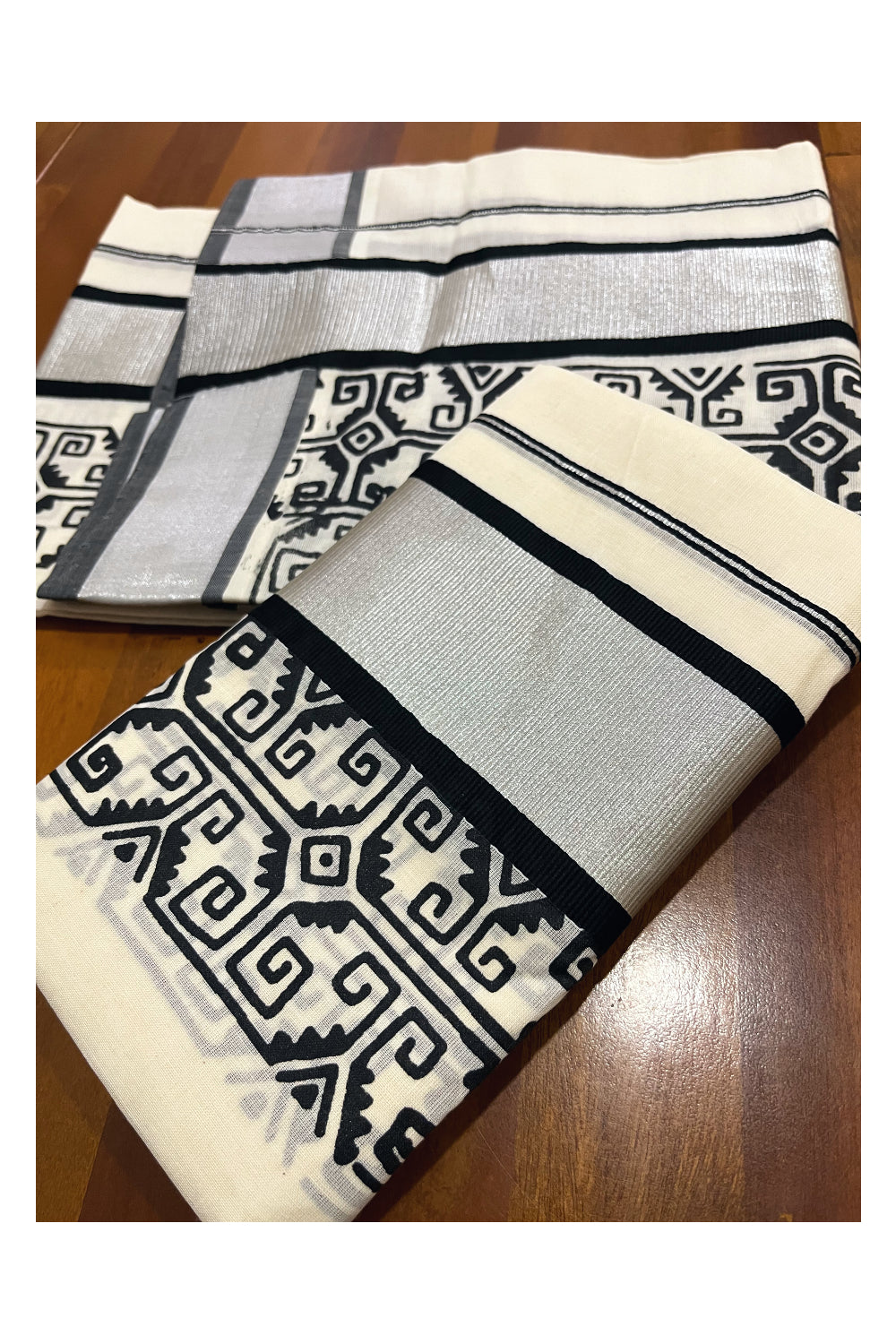 Pure Cotton Kerala Single Set Mundu (Mundum Neriyathum) with Black Block Printed Silver Kasavu Border