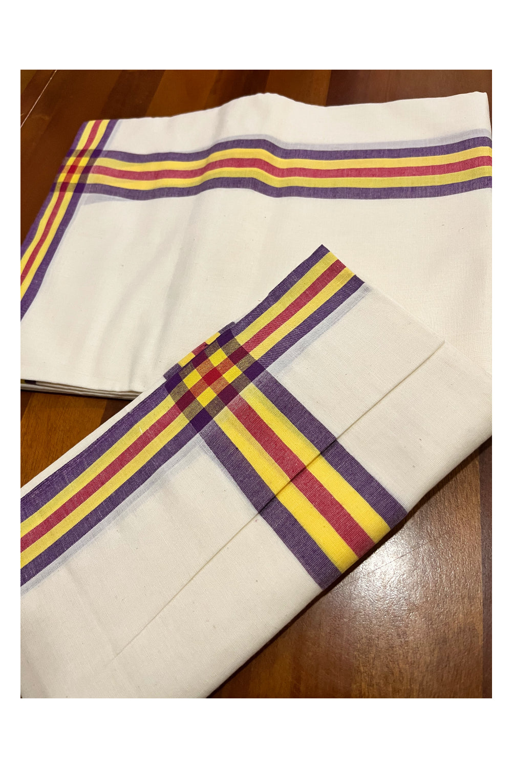 Kerala Mulloth Cotton Single Mundum Neriyathum with Violet Yellow Red Border 2.80 Mtrs (Extra Soft Cotton)