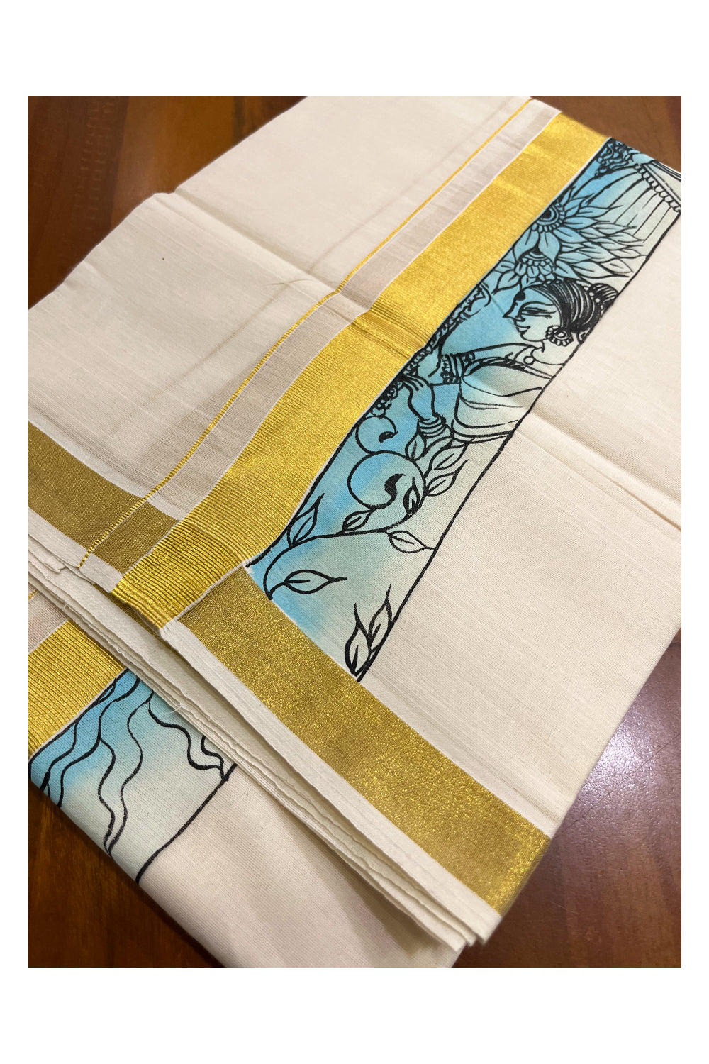 Kerala Pure Cotton Double Mundu with Mural Hand Painted Design on Kasavu Border (South Indian Kerala Dhoti)