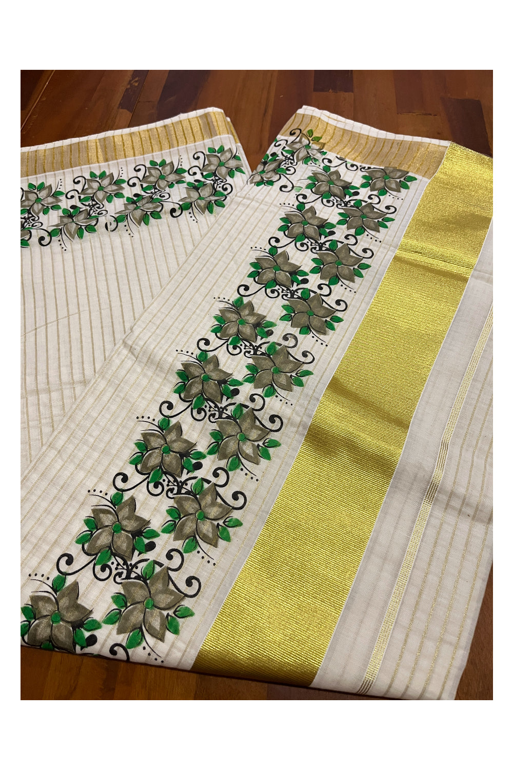 Southloom Onam 2023 Special Olive Green Floral Printed Lines Kasavu Saree