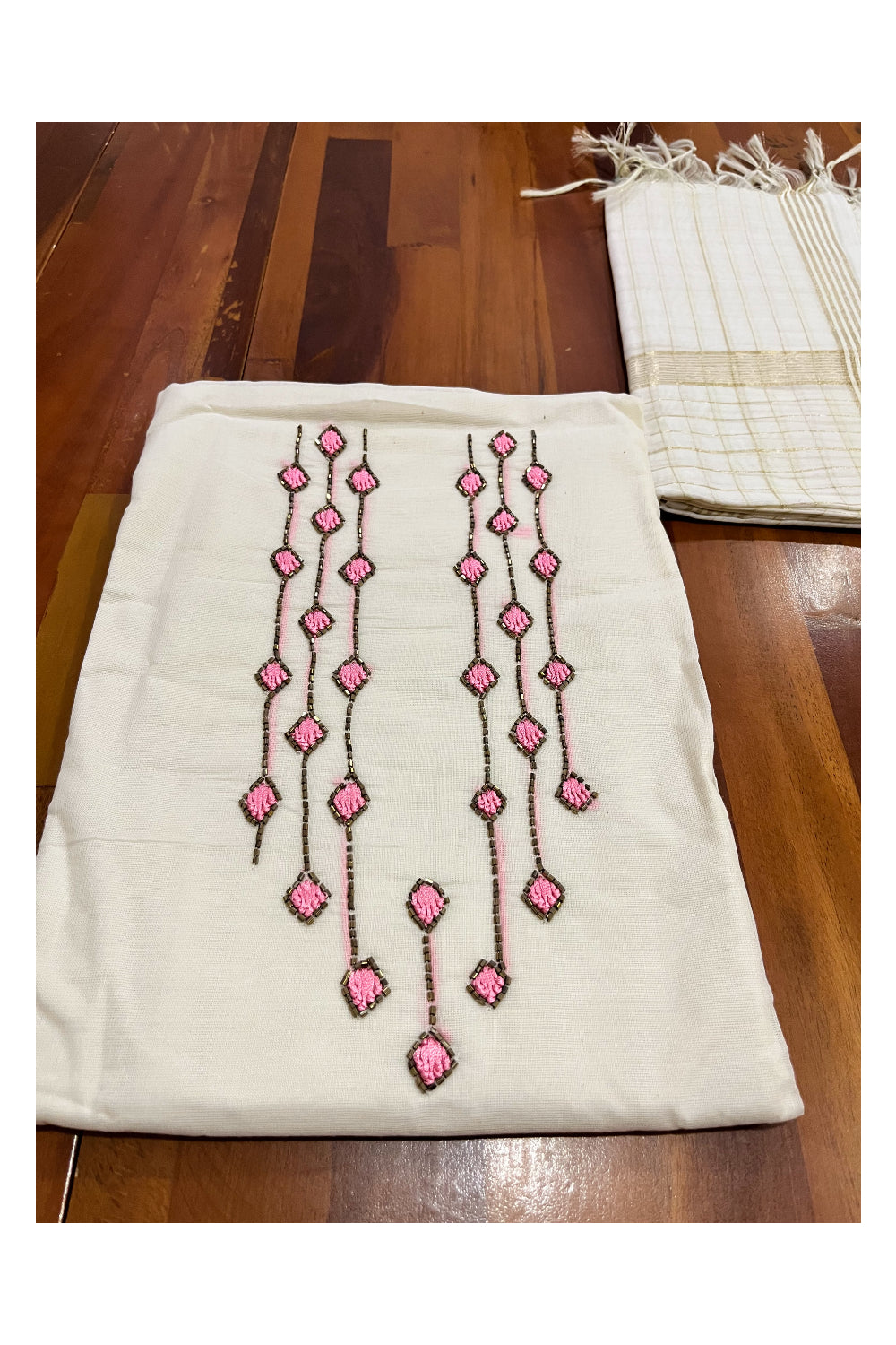 Pure Cotton Kerala Churidar Salwar Material with Pink and Bead Work Designs (include Shawl / Dupatta)