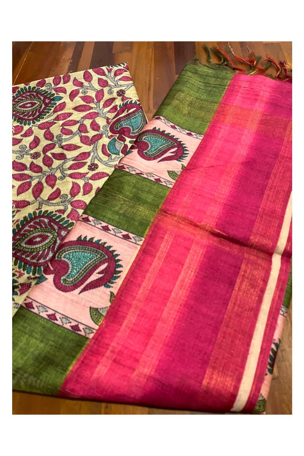 Southloom Semi Tussar Green and Pink Designer Saree with Floral Woven Works