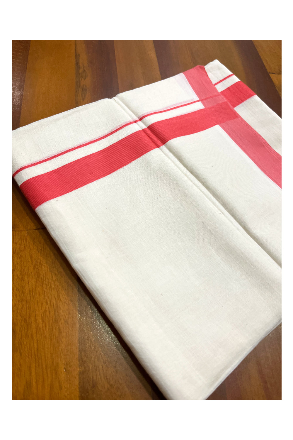 Off White Pure Cotton Kerala Mundu with Pink Kara (South Indian Kerala Dhoti)