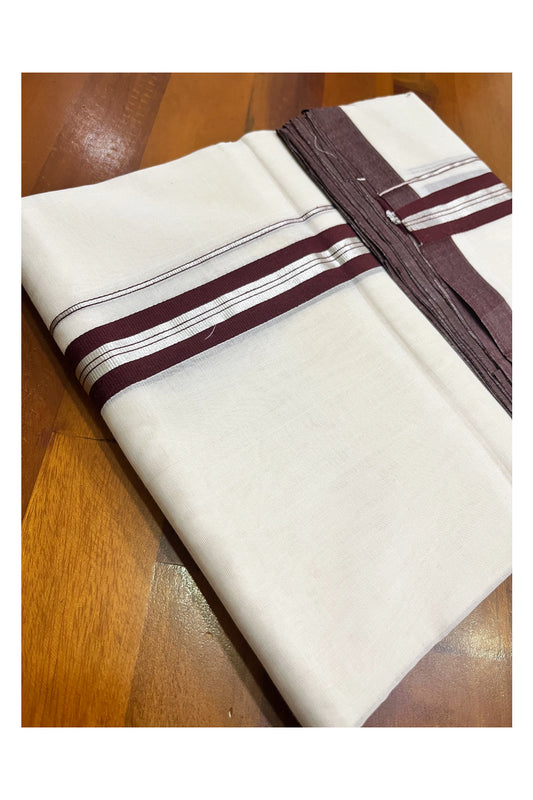 Premium Balaramapuram Handloom Unakkupaavu Cotton Double Mundu with Brown and Silver Kasavu Border (Vishu 2024 Collection)
