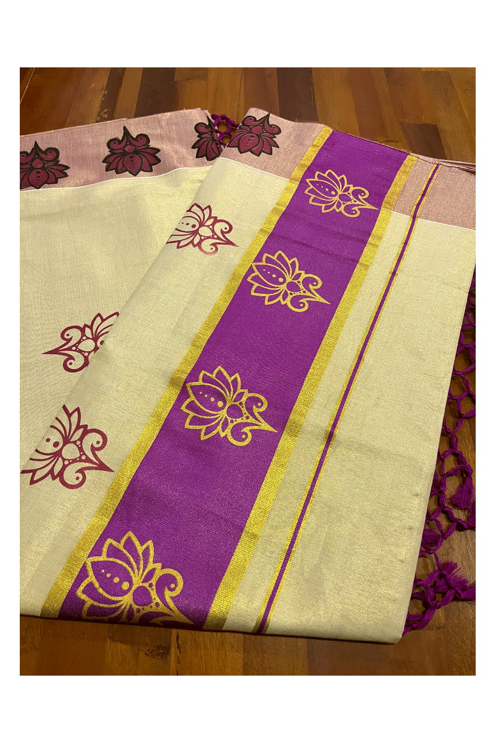 Kerala Tissue Kasavu Saree with Magenta and Golden Block Prints and Magenta Border