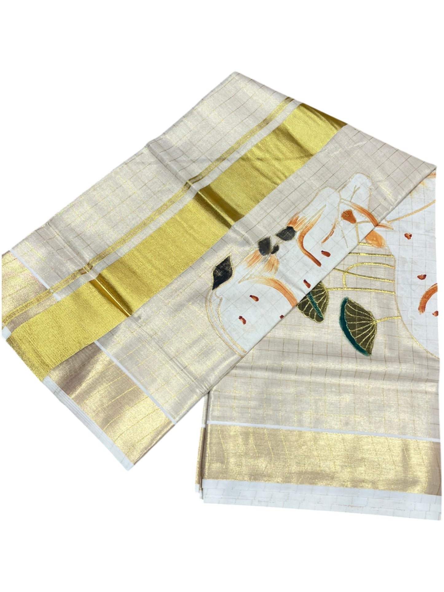 Southloom Tissue Kerala Kasavu Saree with Check Hand Painted Embroidery Nandi and Lotus Design