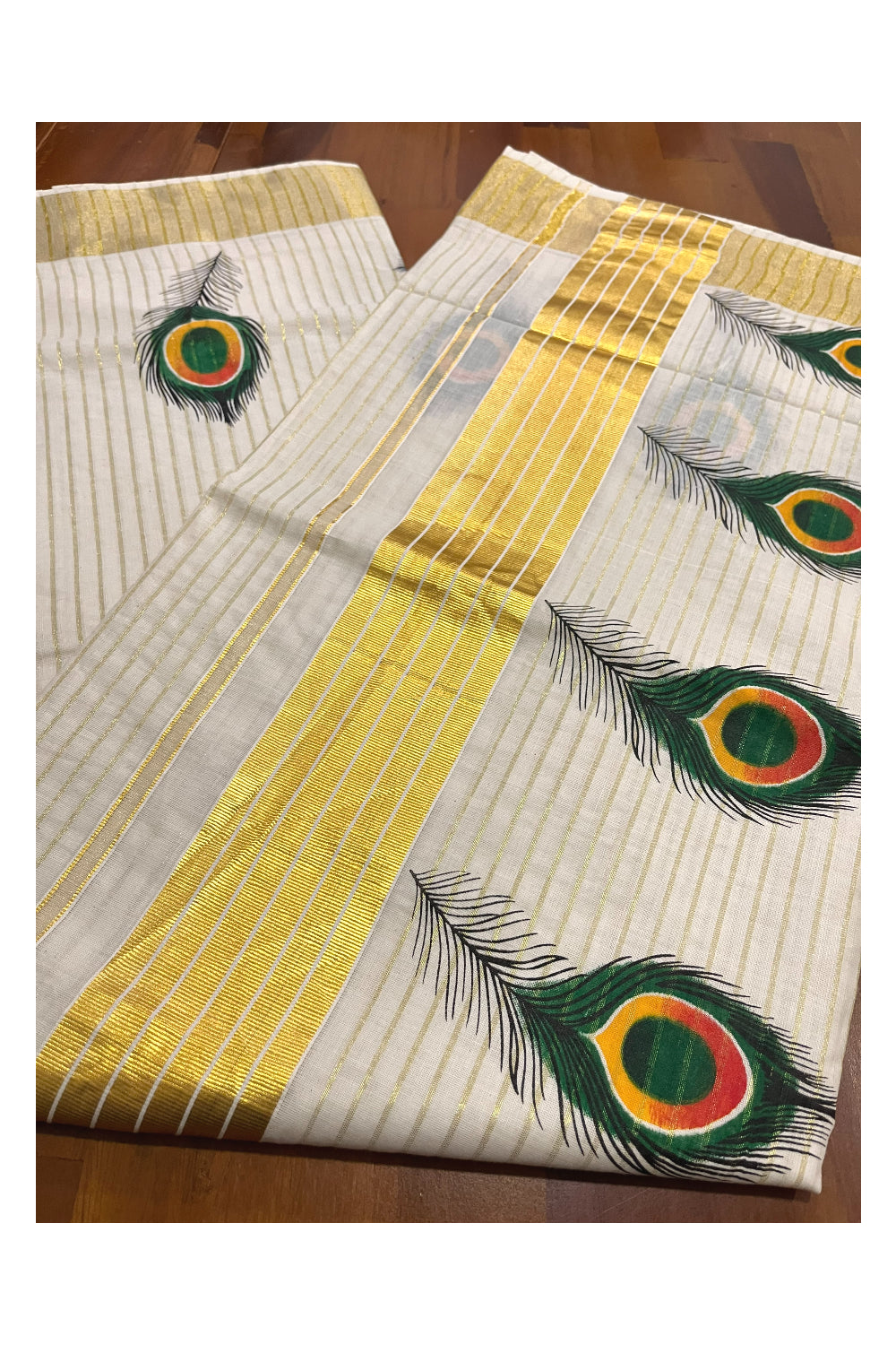 Pure Cotton Kerala Kasavu Lines Design and Feather Mural Work Saree (Onam Saree 2023)