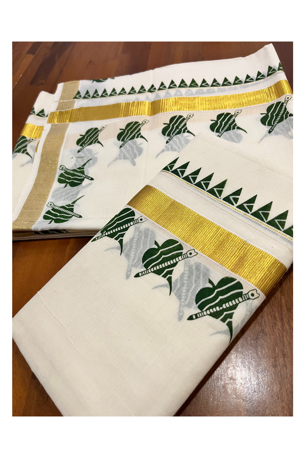 Kerala Pure Cotton Kasavu Set Mundu Single (Mundum Neriyathum) with Olive Green Block Prints and Temple Border 2.80 Mtrs