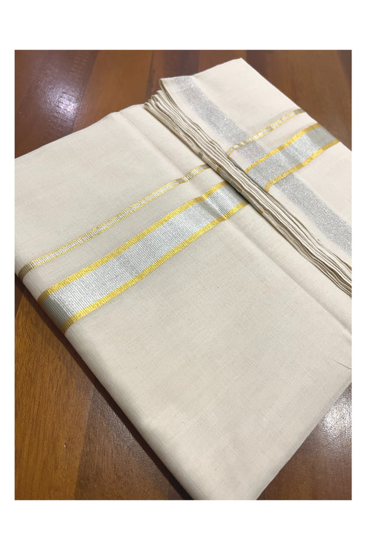 Southloom Premium Balaramapuram Unakkupaavu Wedding Handloom Mundu with Golden and Silver Kasavu Border (South Indian Kerala Dhoti)