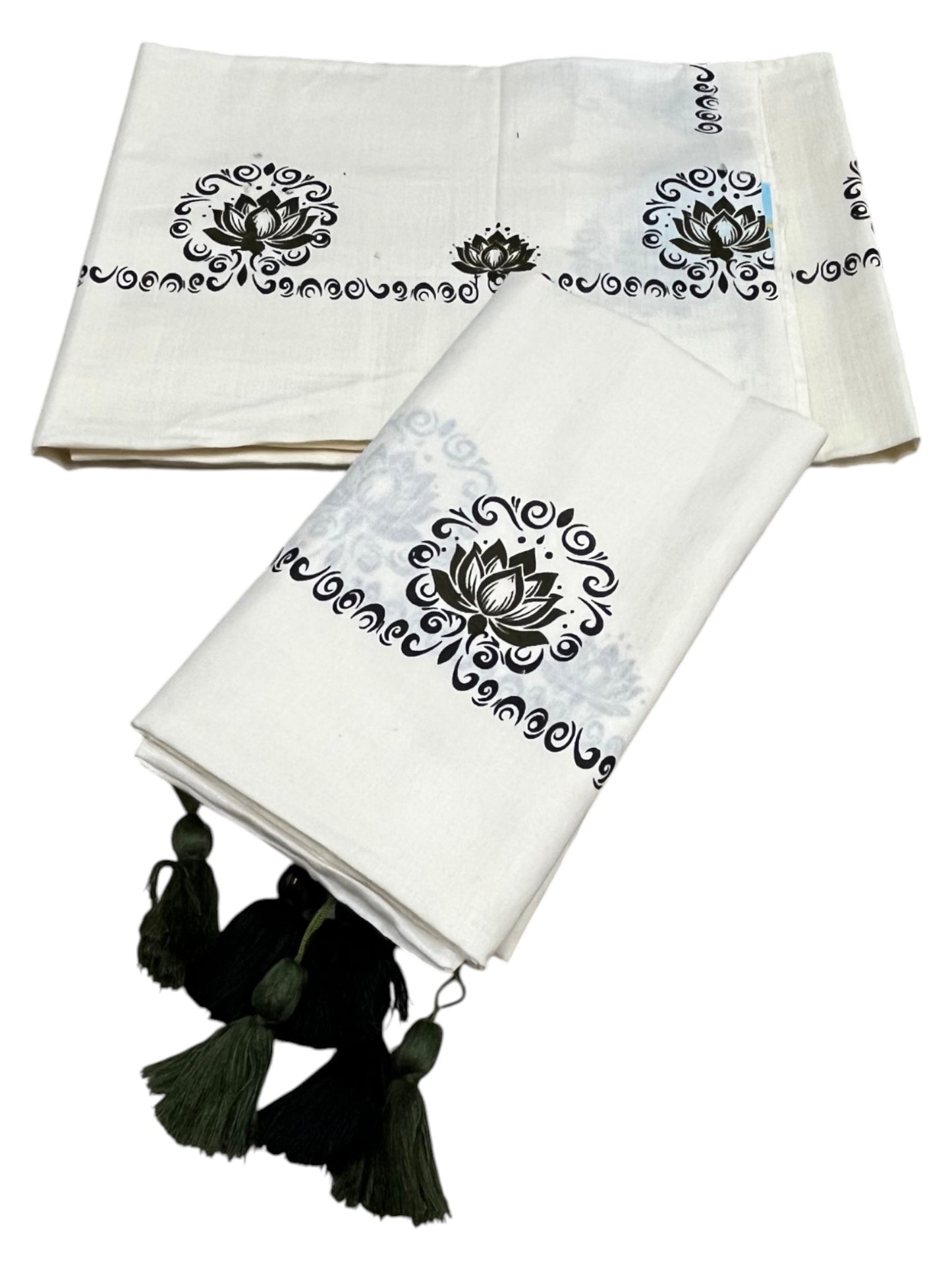 Southloom Kerala Cotton Single Set Mundu (Mundum Neriyathum) with OliveGreen &Black Lotus Block Printed Design