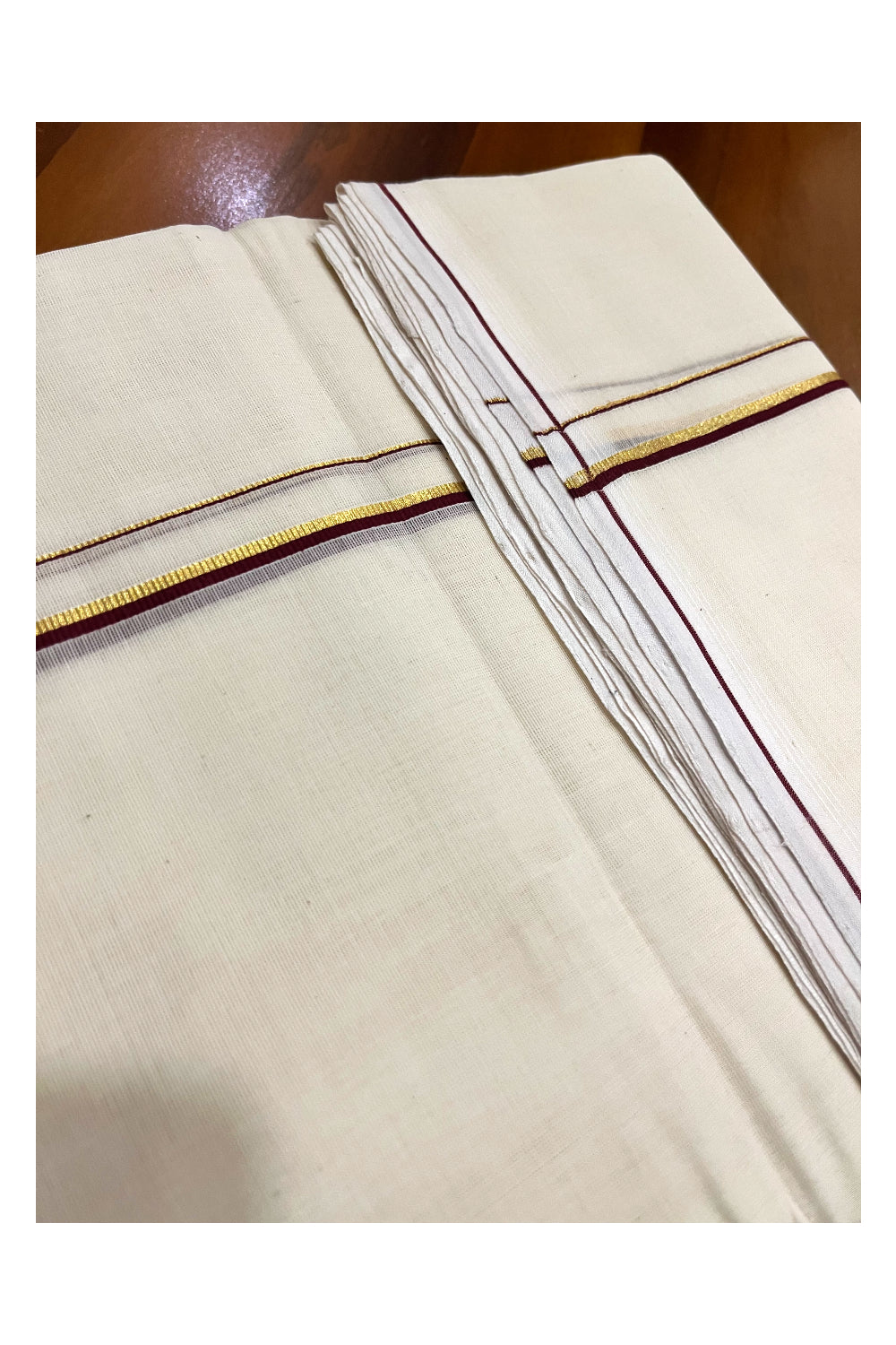 Southloom Premium Balaramapuram Unakkupaavu Handloom Kasavu Mundu with Maroon Thin Border (South Indian Kerala Dhoti)