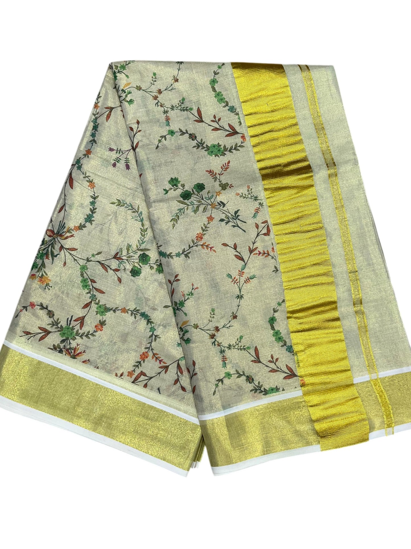 Southloom Tissue Kalamkari Print Kerala Kasavu Saree in Green