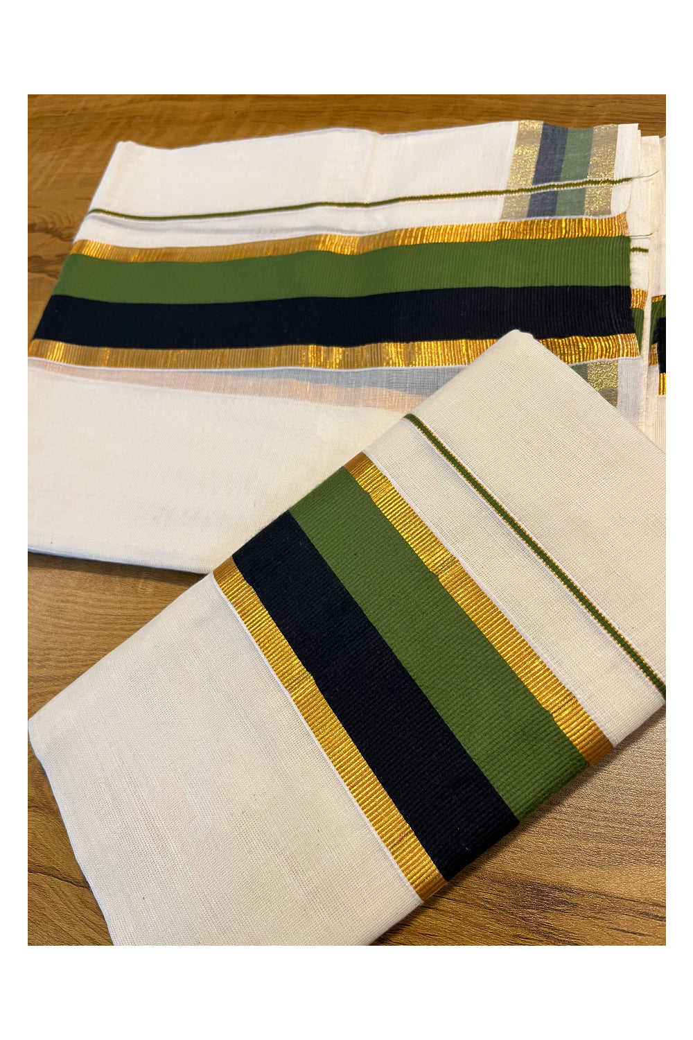 Kerala Cotton Kasavu Set Mundu (Mundum Neriyathum) with Olive Green and Black Border