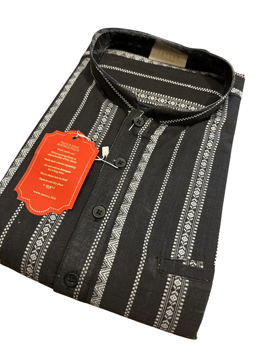 Southloom Black Woven Patterns Semi Silk Short Kurta for Men
