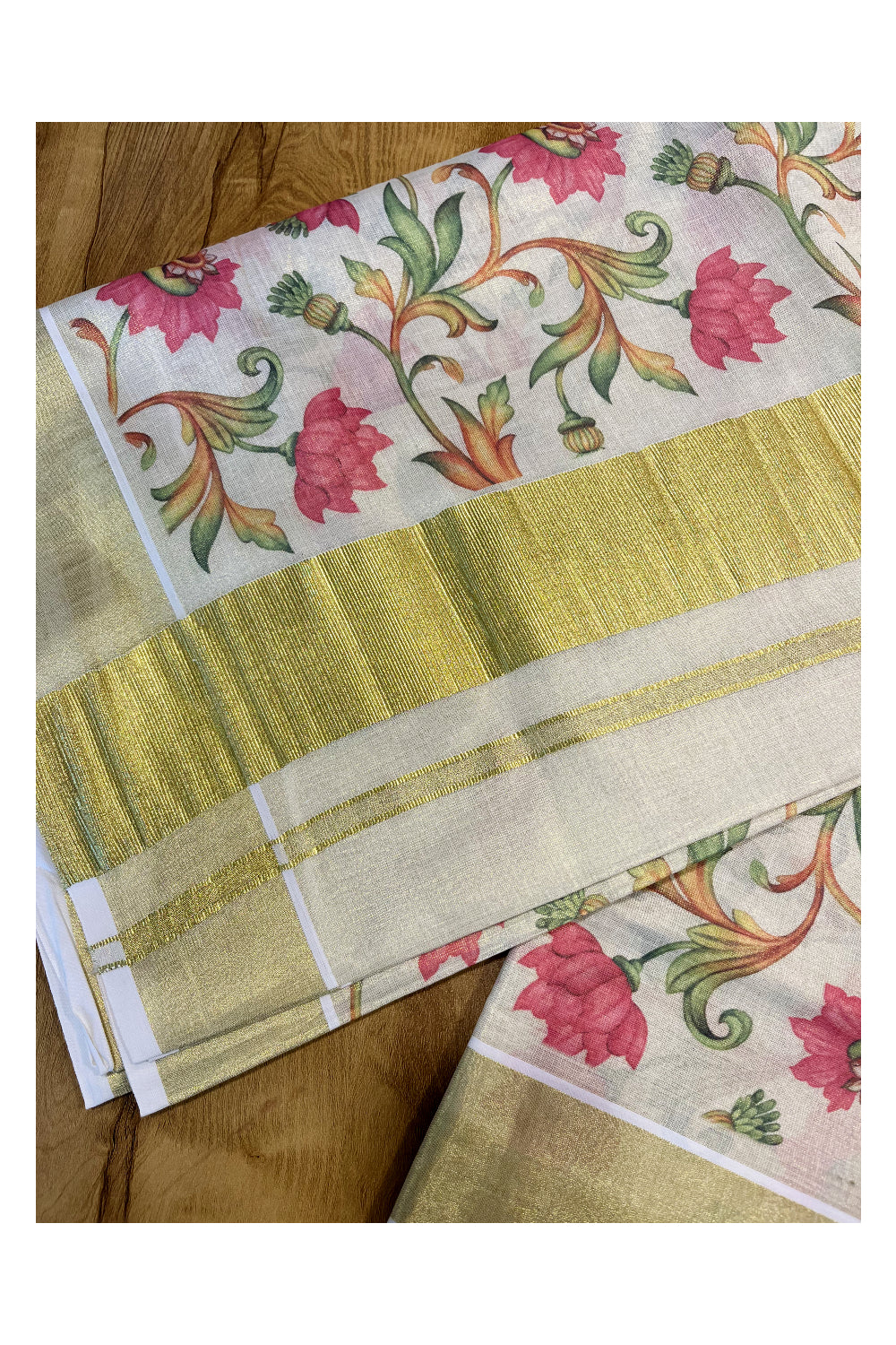 Kerala Tissue Kasavu Saree with Pink Lotus Floral Kalamkari Design