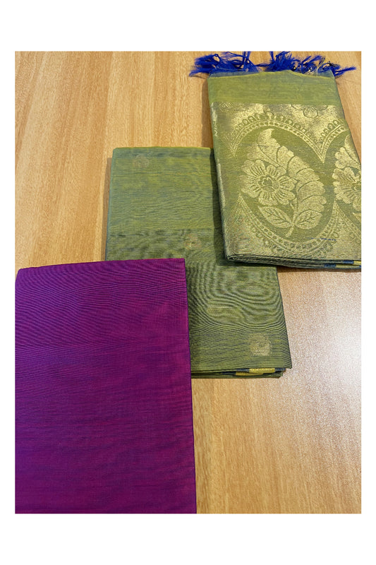 Southloom™ Cotton Semi Silk 3 Piece Green and Magenta Salwar Material with Woven Zari Butta Work