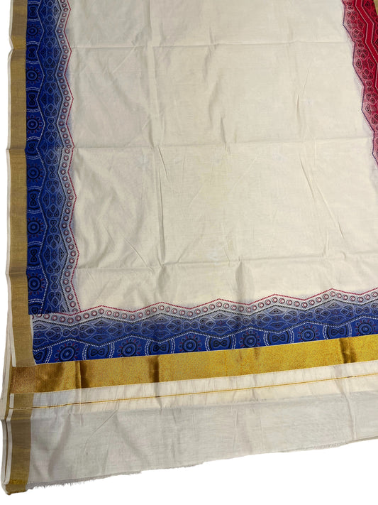 Southloom Cotton Kerala Kasavu Saree with Blue and Red Hand Painted