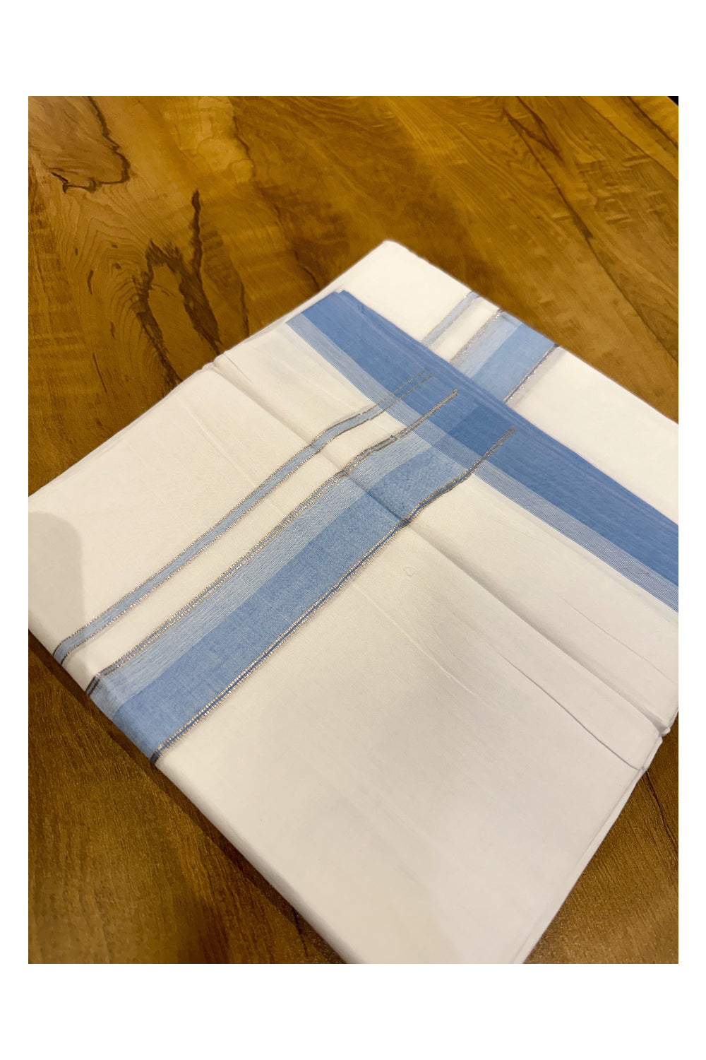 Pure White Cotton Double Mundu with Blue and Silver Kasavu Border (South Indian Kerala Dhoti)