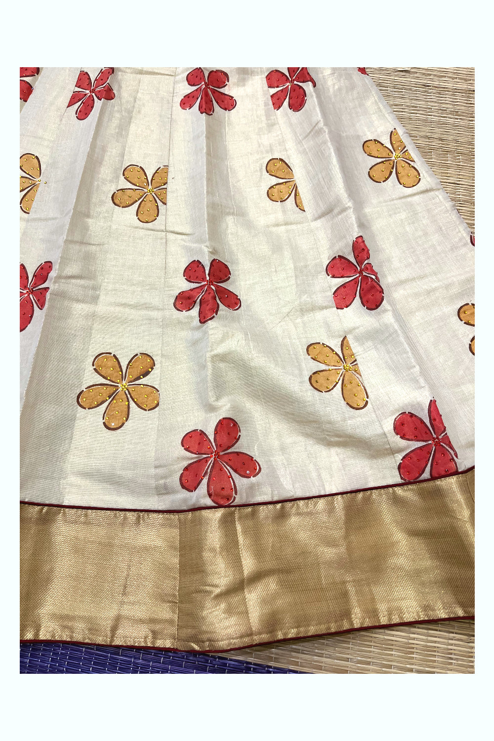 Southloom Semi Stitched Premium Tissue Dhavani Set with Orange Brown Floral Sequins Designs on Body and Maroon Piping Works