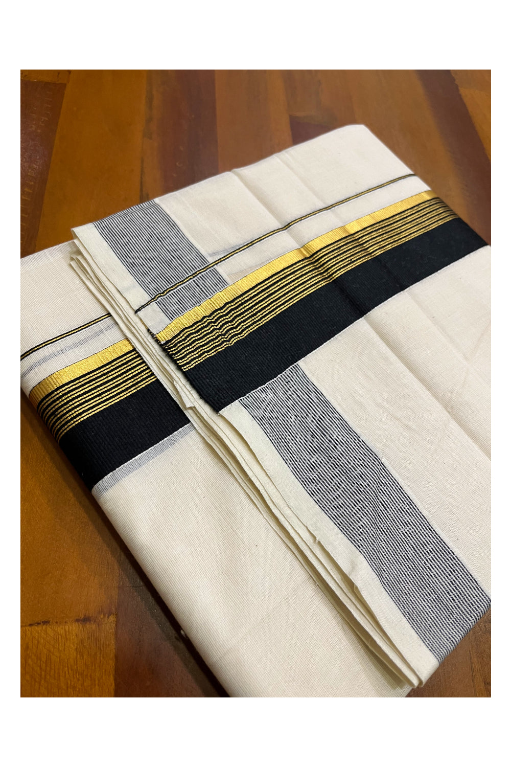 Kerala Pure Cotton Double Mundu with Black and Kasavu Border (South Indian Kerala Dhoti)