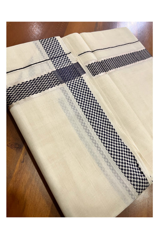 Kerala Pure Cotton Double Mundu with Silver Kasavu and Dark Blue Woven Border (Vishu 2024 Collection)