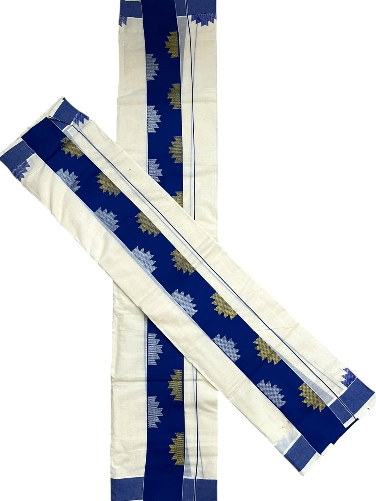Southloom Pure Cotton Single Set Mundu (Mundum Neriyathum) Temple Design & Blue Border 2.80 Mtrs