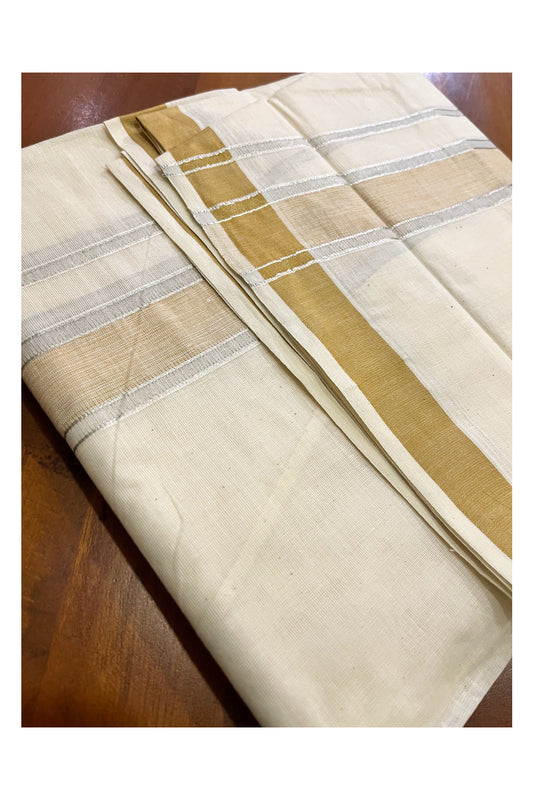 Pure Cotton Kerala Double Mundu with Silver Kasavu and Yellow Border (South Indian Kerala Dhoti)