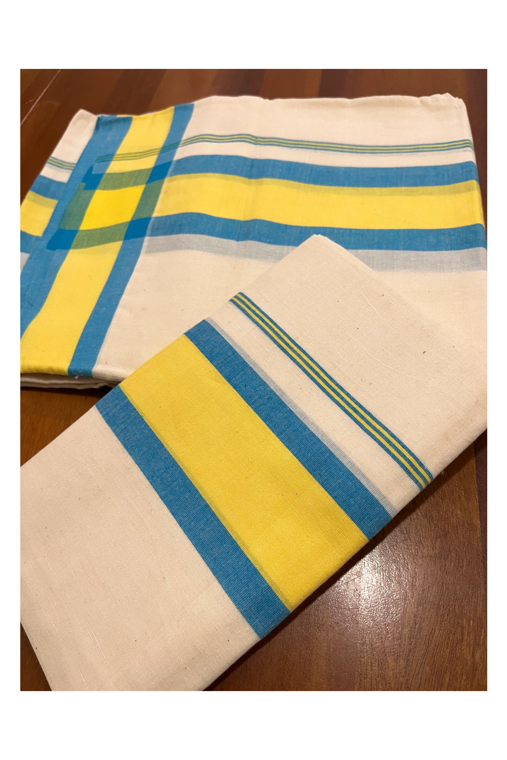 Pure Cotton Mundum Neriyathum Double (Set Mundu) with Blue and Yellow Border