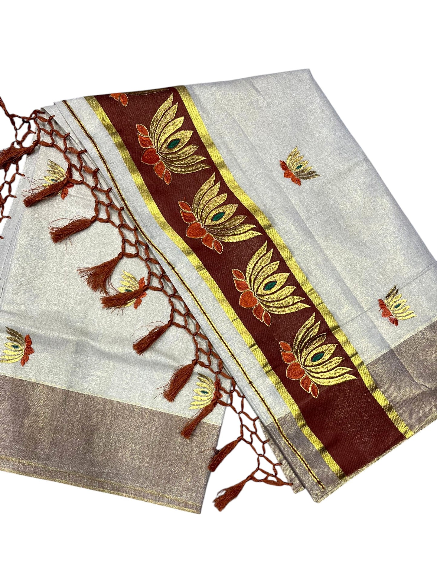 Southloom Kerala Tissue Kasavu Saree with Brown And Golden Lotus Embroidary Works on Body SL273