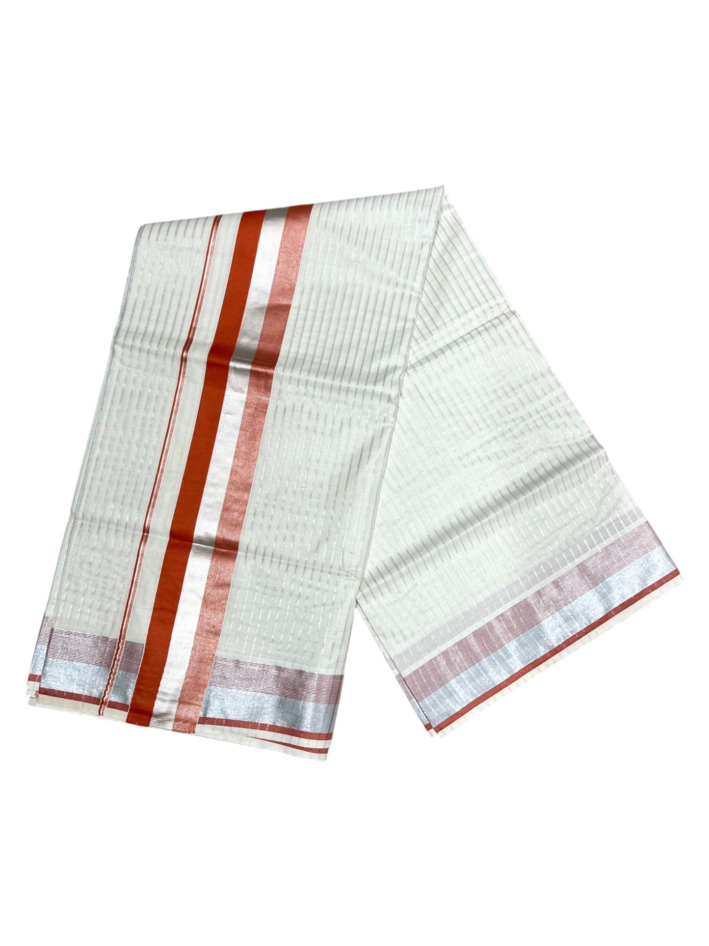 Southloom Pure Cotton Kerala Saree with Silver Kasavu Lines Across Body and Orange Border