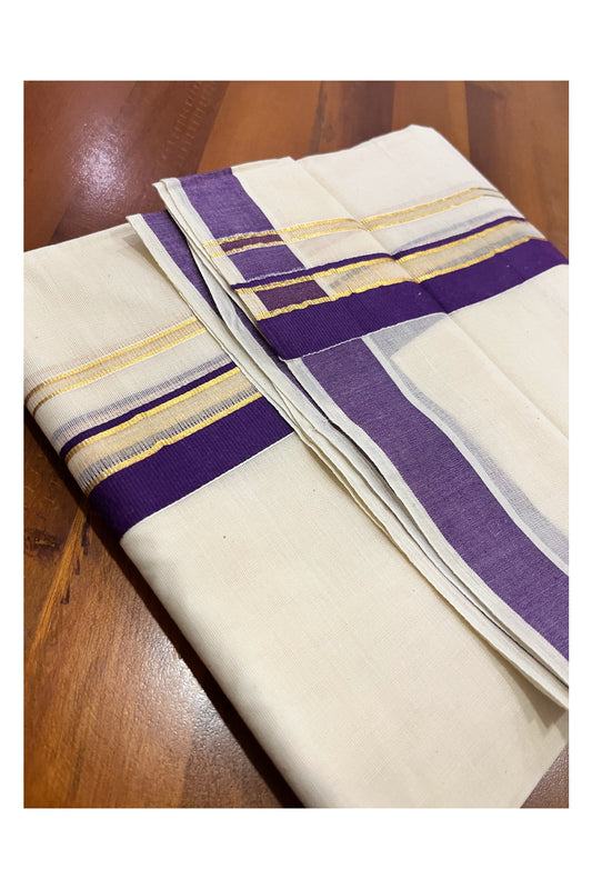 Kerala Pure Cotton Double Mundu with Violet and Kasavu Border (South Indian Kerala Dhoti)